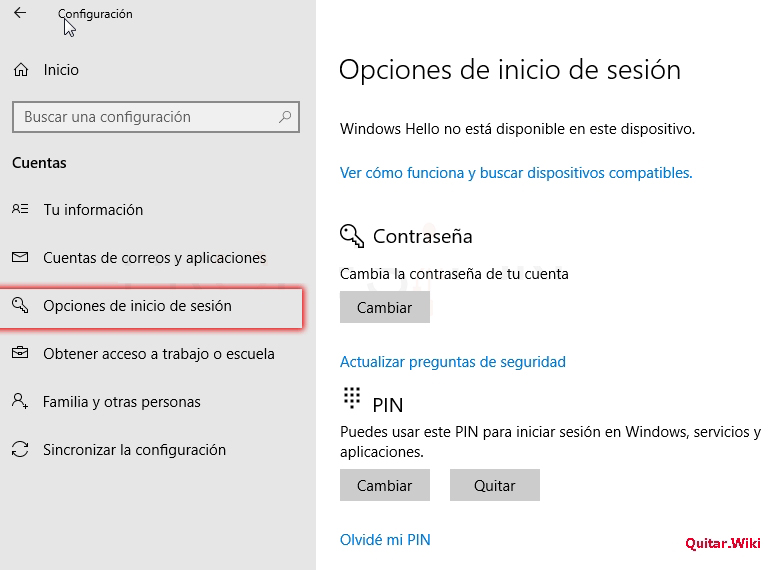 Eliminar pin Windows 10